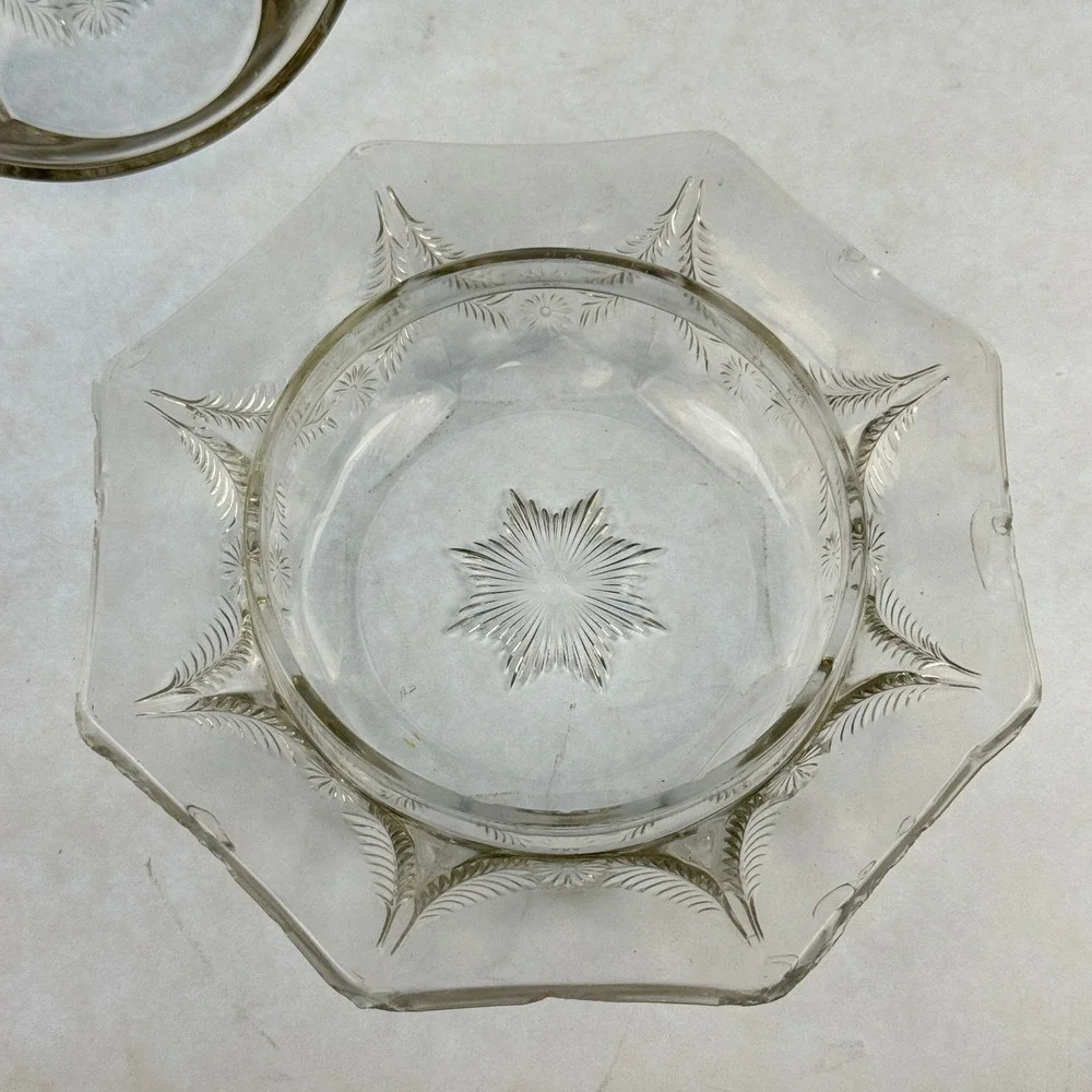 Pressed Glass Floral Etched Butter Dish with Lid, Hexagonal Base Clear Vintage